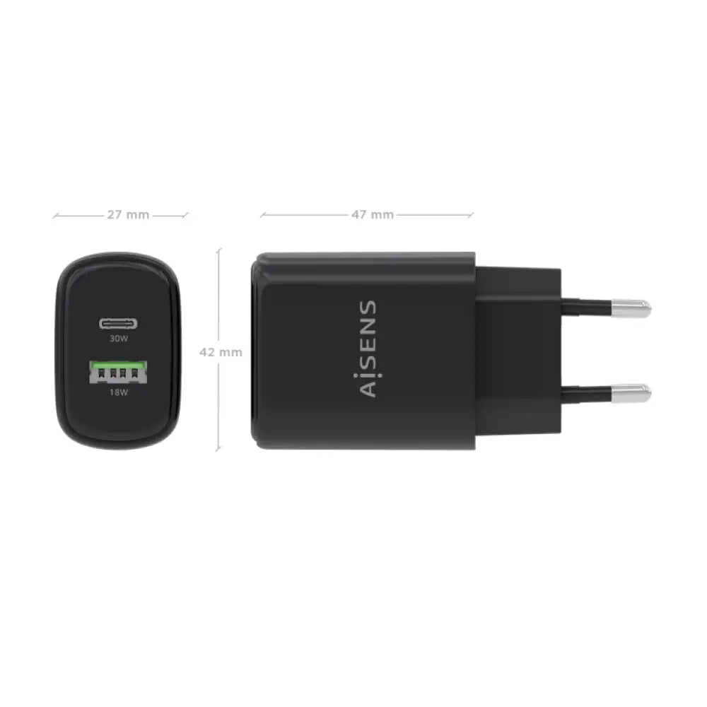 AISENS Cargador GaN 30W. 1xUSB-C PD3.0 QC4.0. 1xUSB-A QC3.0. Negro - detalle