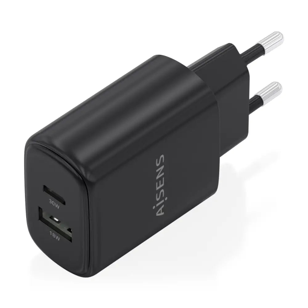 AISENS Cargador GaN 30W. 1xUSB-C PD3.0 QC4.0. 1xUSB-A QC3.0. Negro - detalle