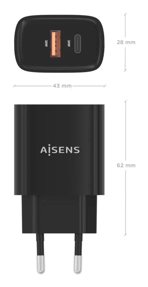 AISENS Cargador GaN 30W. 1xUSB-C PD3.0 QC4.0. 1xUSB-A QC3.0. Negro - detalle