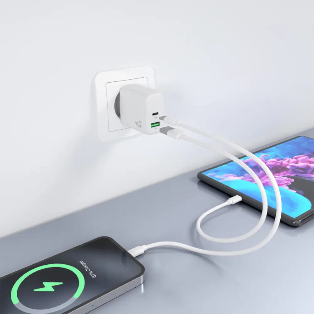 AISENS Cargador GaN 45W. 1xUSB-C PD3.0 QC4.0. 1xUSB-A QC3.0. Blanco - detalle