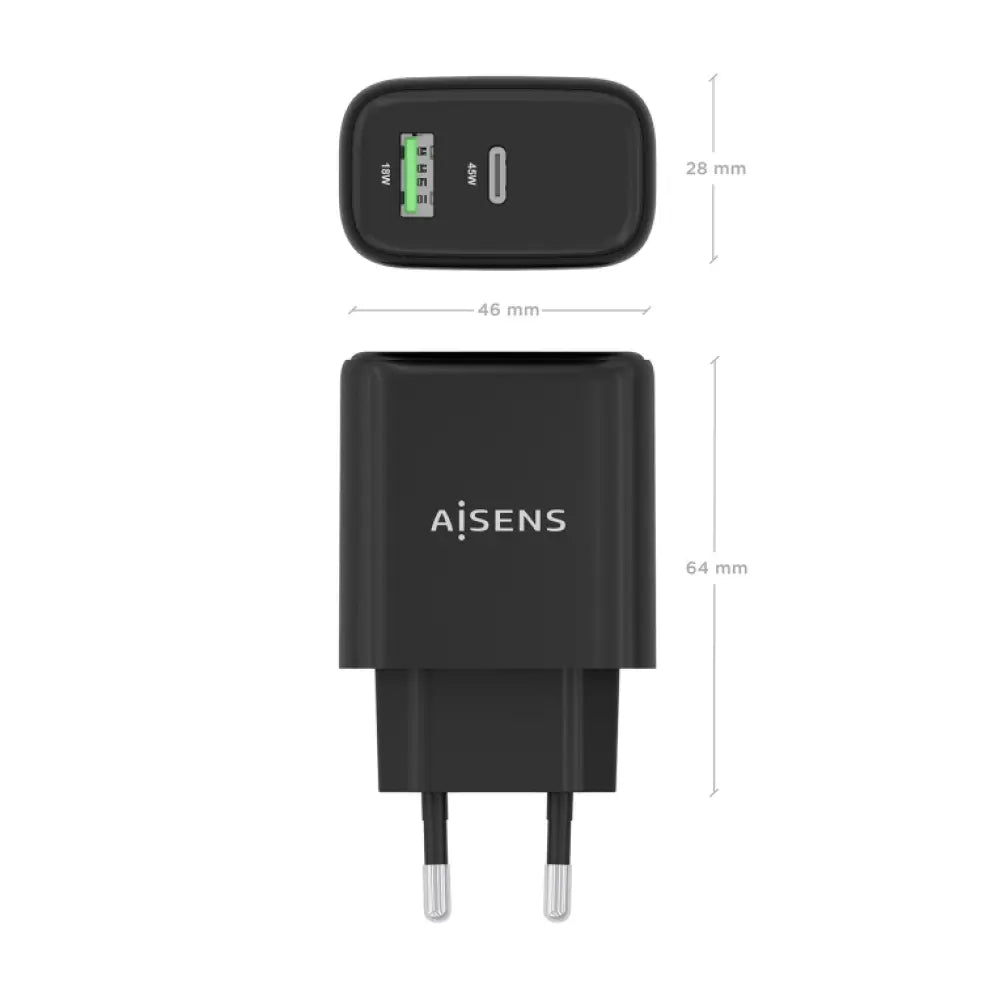 AISENS Cargador GaN 45W. 1xUSB-C PD3.0 QC4.0. 1xUSB-A QC3.0. Negro - detalle