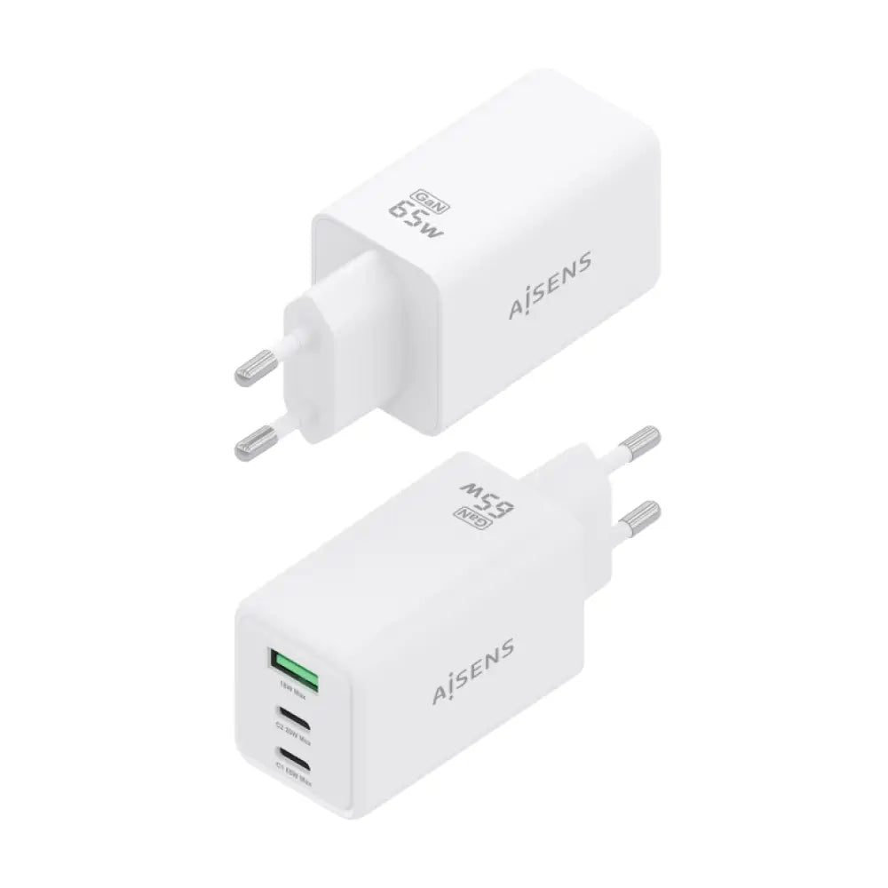 AISENS Cargador GaN 65W. 2xUSB-C PD3.0 QC4.0. 1xUSB-A QC3.0. Blanco - detalle