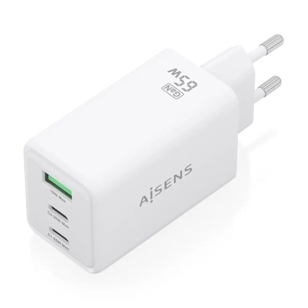 AISENS Cargador GaN 65W. 2xUSB-C PD3.0 QC4.0. 1xUSB-A QC3.0. Blanco - detalle