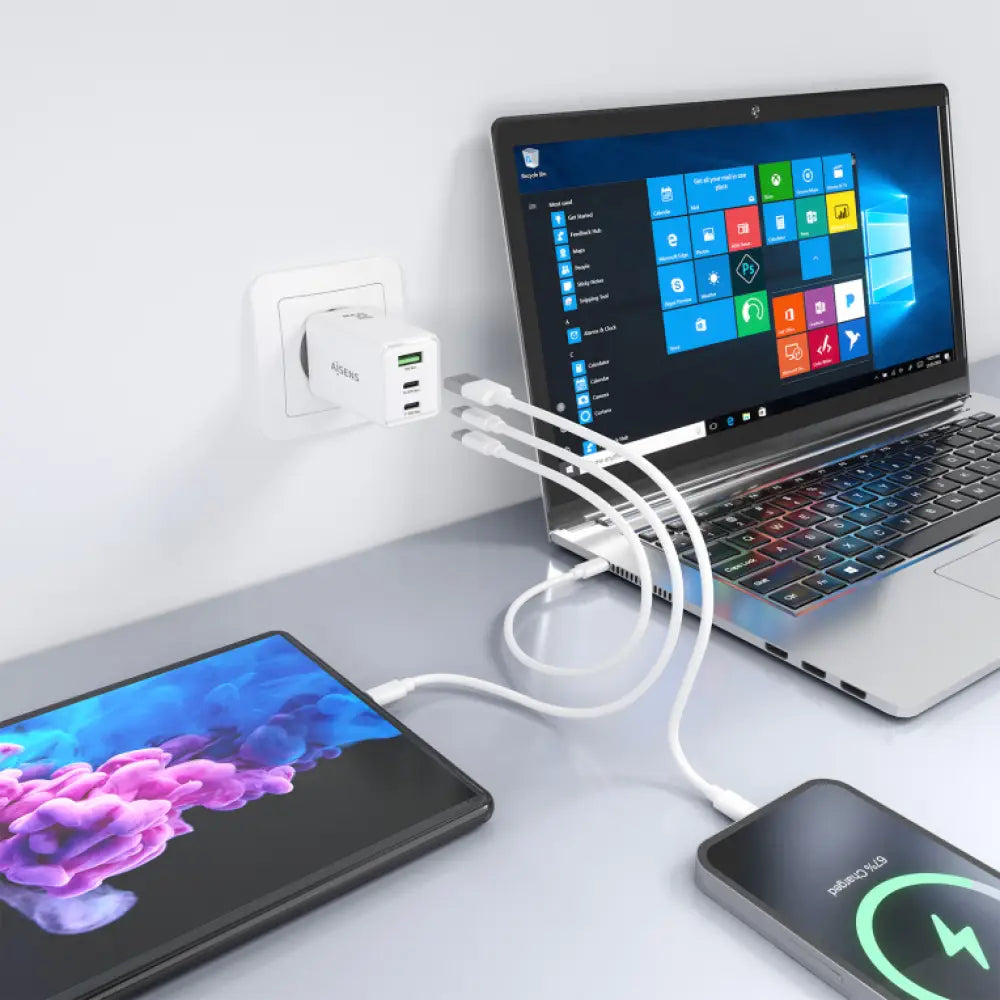 AISENS Cargador GaN 65W. 2xUSB-C PD3.0 QC4.0. 1xUSB-A QC3.0. Blanco - detalle