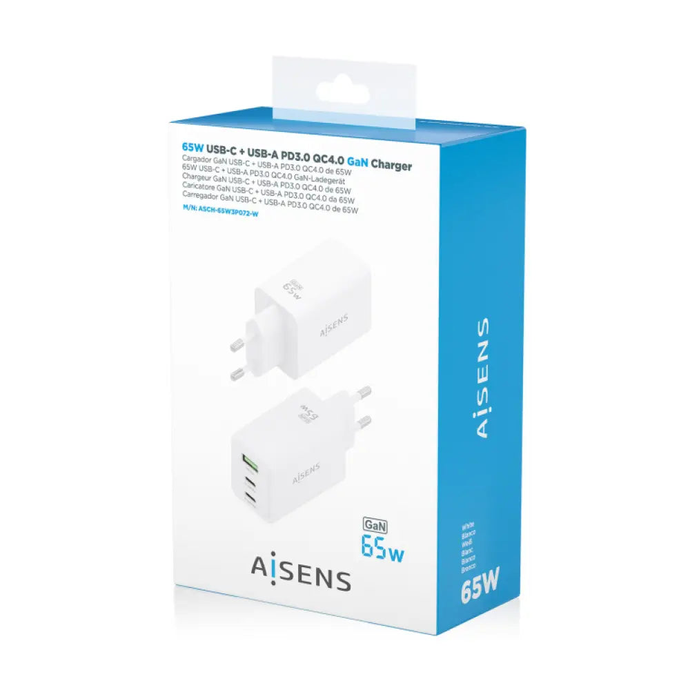 AISENS Cargador GaN 65W. 2xUSB-C PD3.0 QC4.0. 1xUSB-A QC3.0. Blanco - detalle