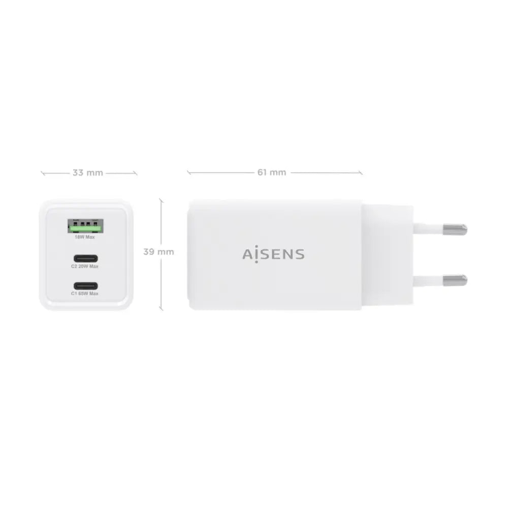 AISENS Cargador GaN 65W. 2xUSB-C PD3.0 QC4.0. 1xUSB-A QC3.0. Blanco - detalle