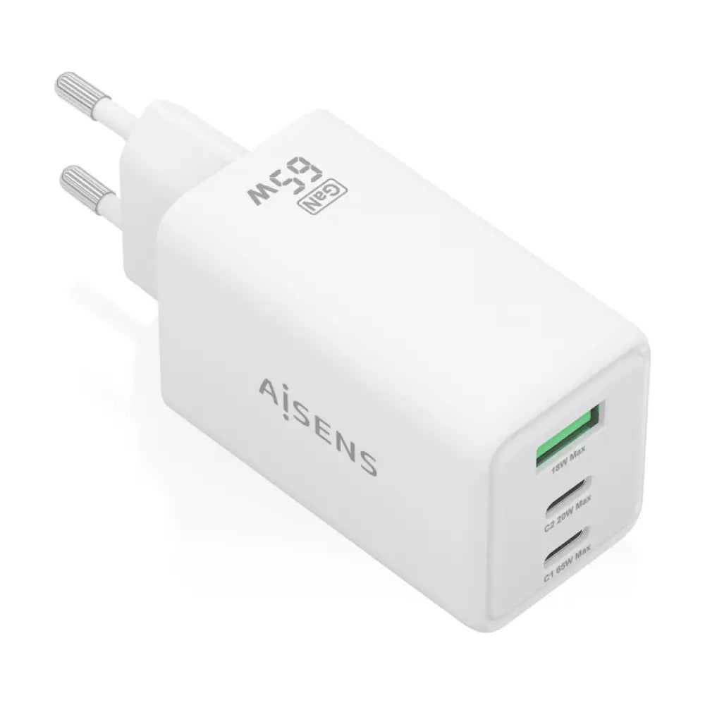 AISENS Cargador GaN 65W. 2xUSB-C PD3.0 QC4.0. 1xUSB-A QC3.0. Blanco