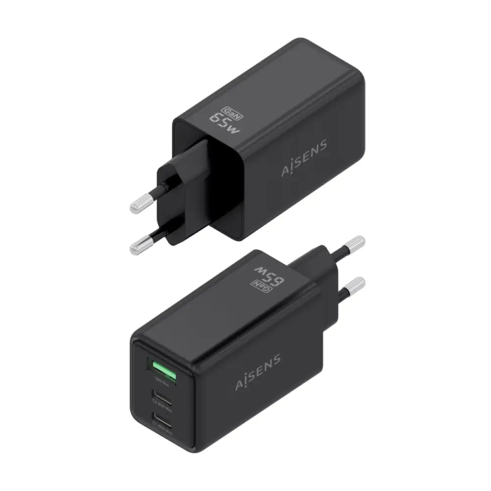 AISENS Cargador GaN 65W. 2xUSB-C PD3.0 QC4.0. 1xUSB-A QC3.0. Negro - detalle