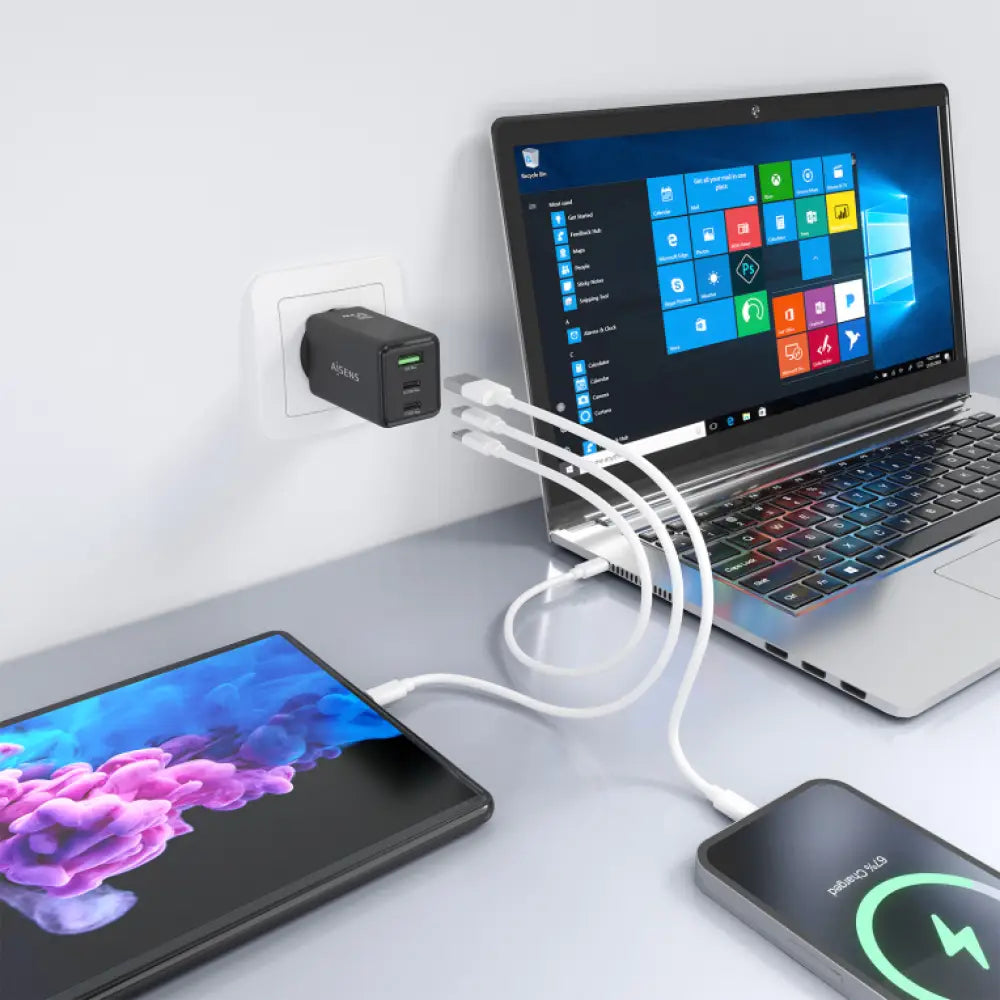 AISENS Cargador GaN 65W. 2xUSB-C PD3.0 QC4.0. 1xUSB-A QC3.0. Negro - detalle