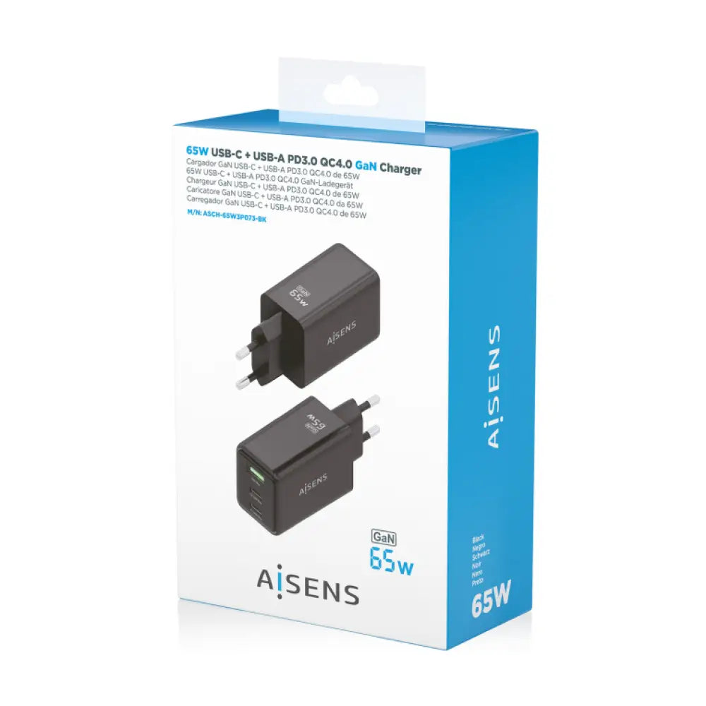 AISENS Cargador GaN 65W. 2xUSB-C PD3.0 QC4.0. 1xUSB-A QC3.0. Negro - detalle