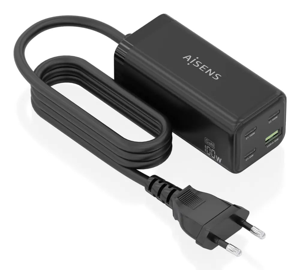 AISENS Cargador Sobremesa GaN 100W. 3x USB-C PD3.0 QC4.0 QC5.0. 1x USB-A QC3.0. Negro - detalle