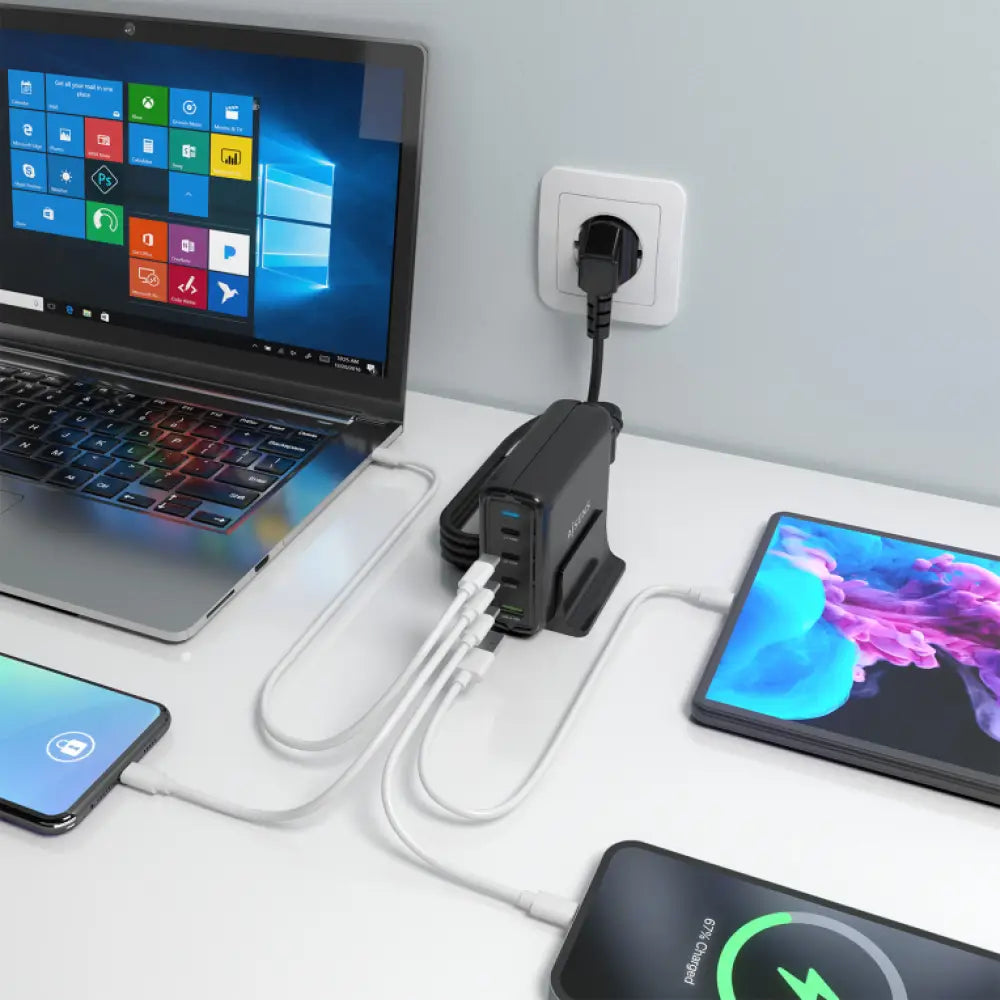 AISENS Cargador Sobremesa GaN 140W. 3x USB-C PD3.1 QC4.0 QC5.0. 1x USB-A QC3.0. Negro - detalle