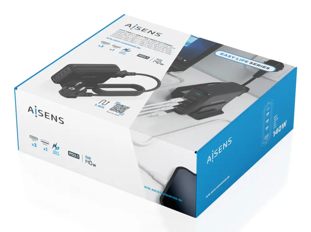 AISENS Cargador Sobremesa GaN 140W. 3x USB-C PD3.1 QC4.0 QC5.0. 1x USB-A QC3.0. Negro - detalle