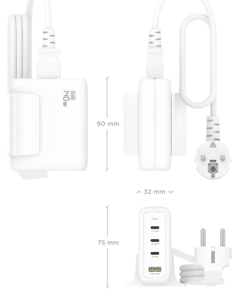 AISENS Cargador Sobremesa GaN 140W. 3x USB-C PD3.1 QC4.0 QC5.0. 1x USB-A QC3.0. Blanco - detalle