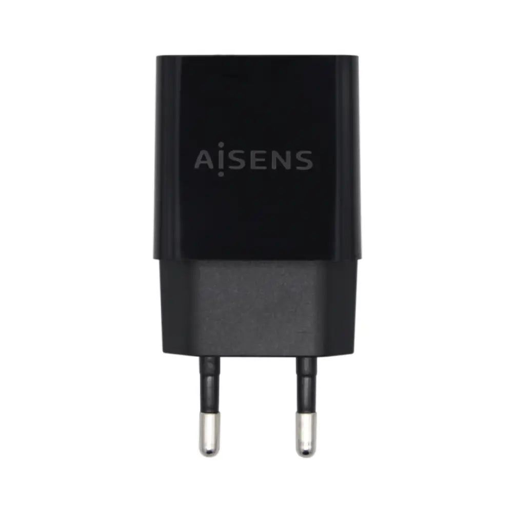 Cargador USB AISENS de 10W alta eficiencia en color negro, con salida de 5V/2A para cargar dispositivos electrónicos.