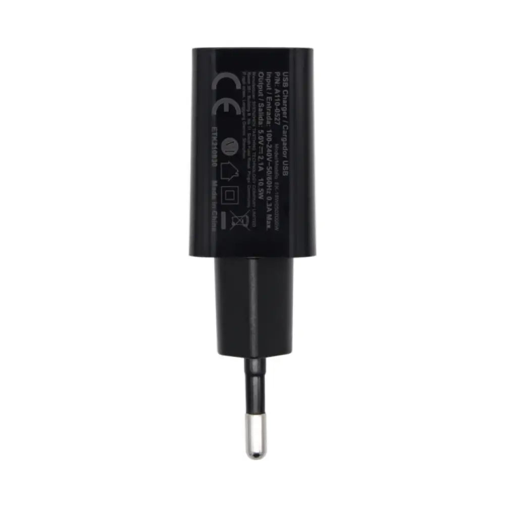 Cargador USB AISENS de 10W en color negro con salida 5V/2A, diseñado para cargar dispositivos electrónicos de manera eficiente.
