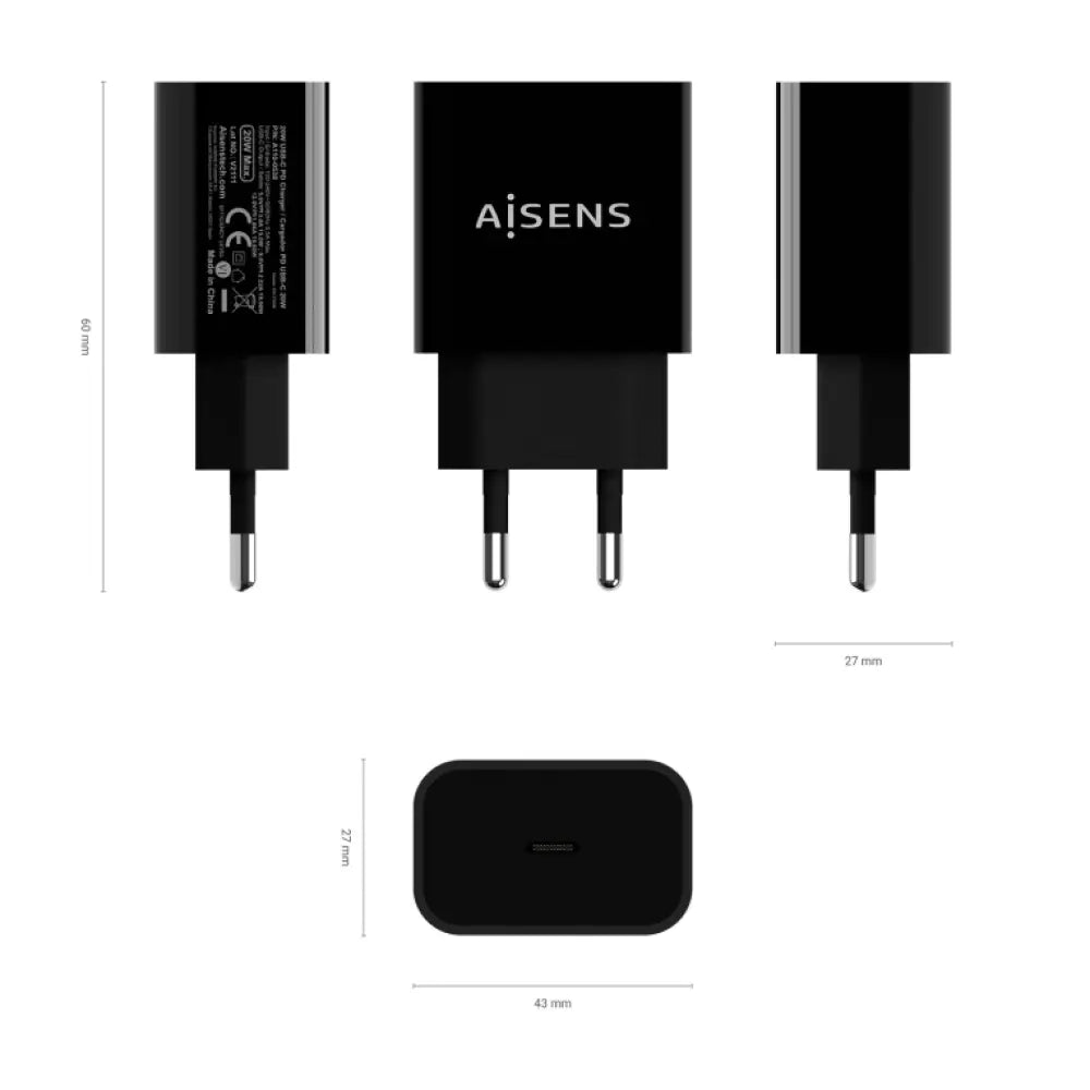 AISENS Cargador USB-C PD3.0 1 Puerto 1x USB-C 20 W. Negro - detalle