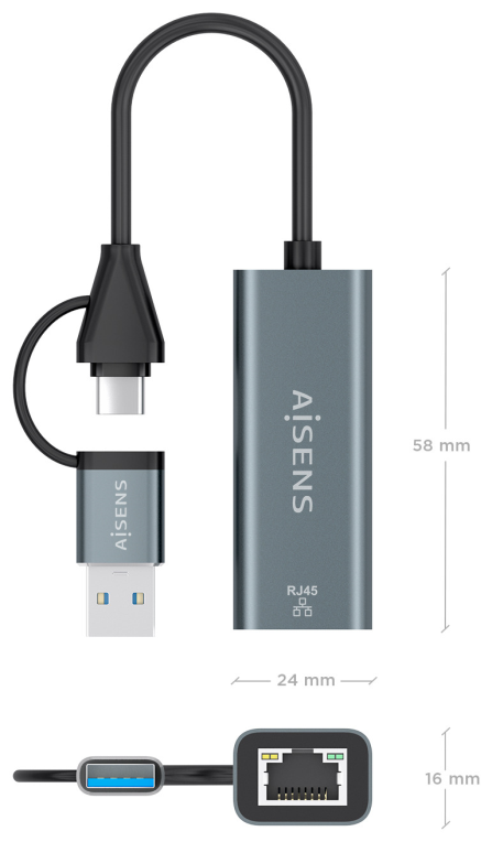 AISENS Conversor USB3.2 Gen1 USB-A+USB-C A Ethernet Gigabit 10/100/1000 Mbps, Gris, 15cm - detalle
