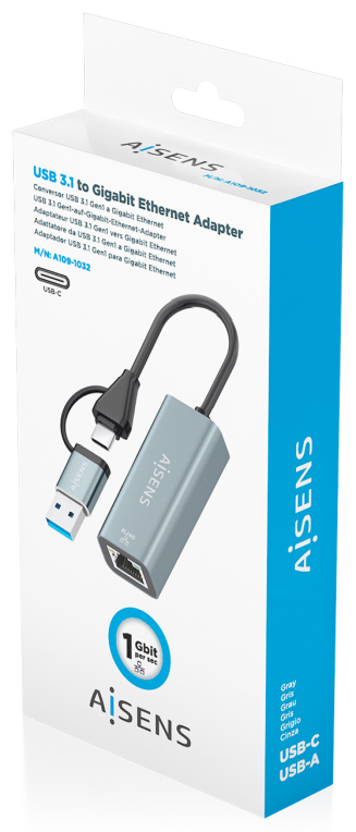 AISENS Conversor USB3.2 Gen1 USB-A+USB-C A Ethernet Gigabit 10/100/1000 Mbps, Gris, 15cm - detalle