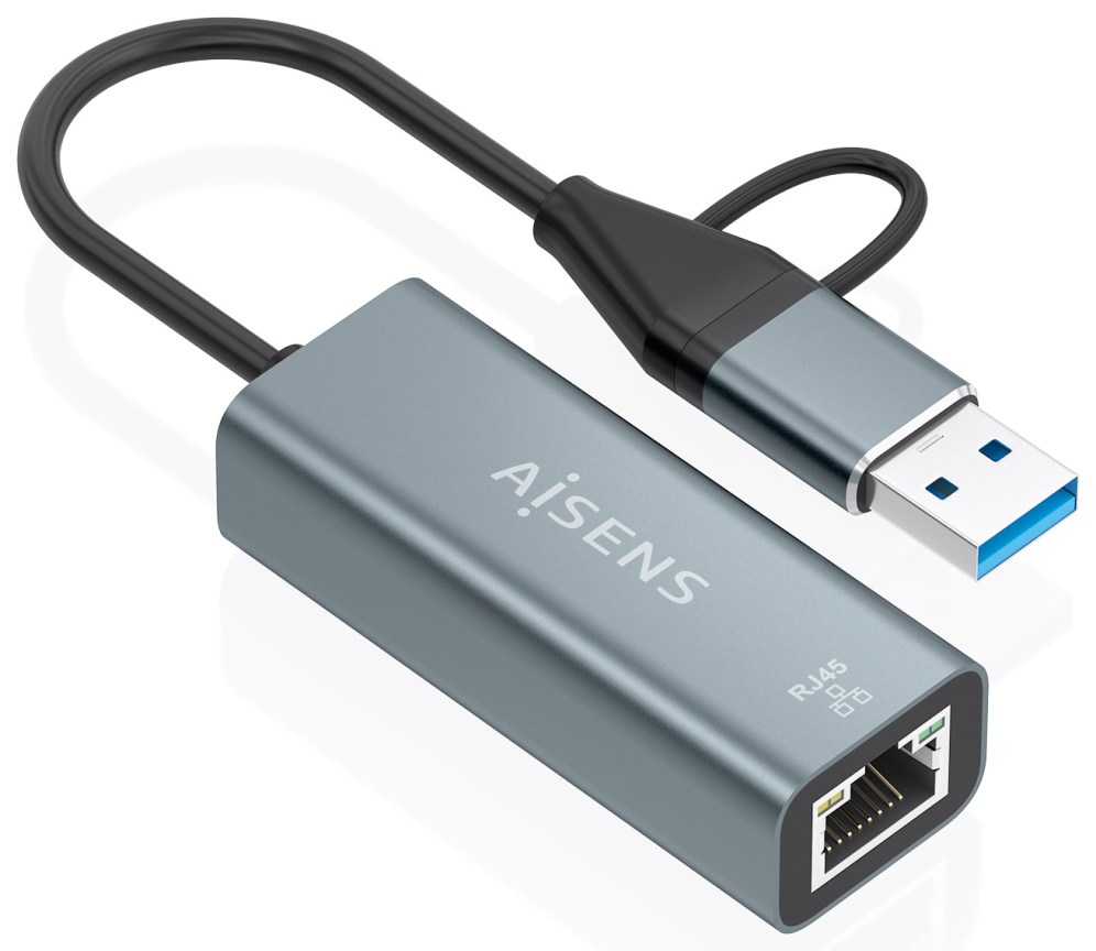 AISENS Conversor USB3.2 Gen1 USB-A+USB-C A Ethernet Gigabit 10/100/1000 Mbps, Gris, 15cm - detalle