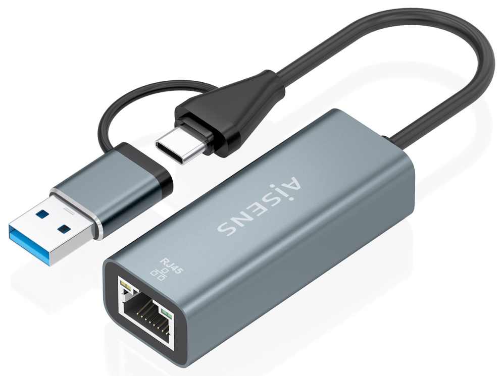 AISENS Conversor USB3.2 Gen1 USB-A+USB-C A Ethernet Gigabit 10/100/1000 Mbps, Gris, 15cm