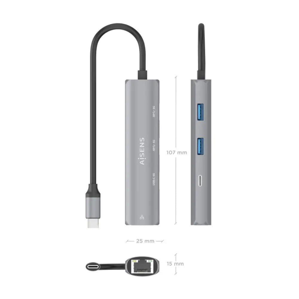 AISENS Dock USB-C A Ethernet Gigabit + Hub 1xUSB-C+2xUSB-A. Gris. 15cm - detalle