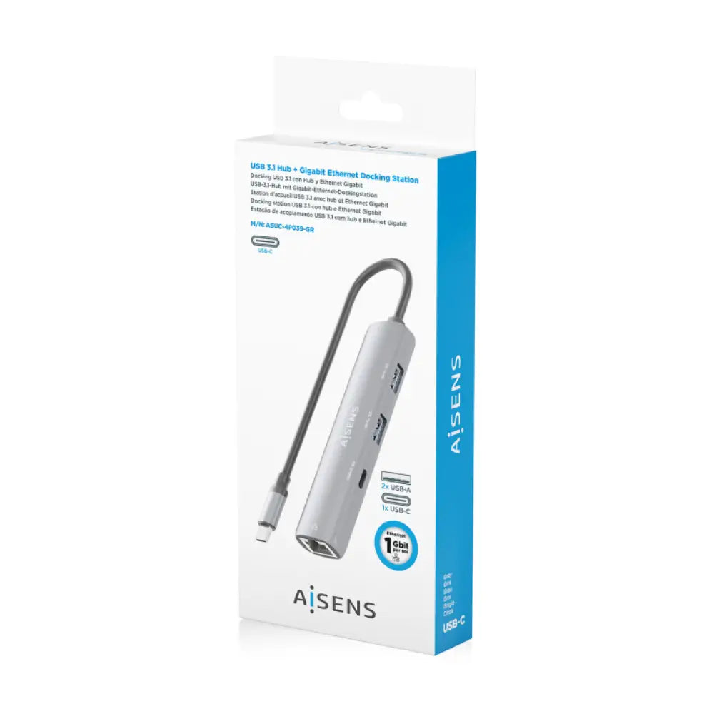 AISENS Dock USB-C A Ethernet Gigabit + Hub 1xUSB-C+2xUSB-A. Gris. 15cm - detalle