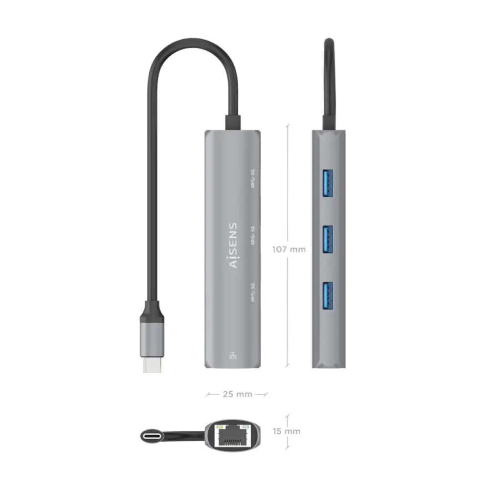 AISENS Dock USB-C A Ethernet Gigabit + Hub 3xUSB-A. Gris. 15cm - detalle
