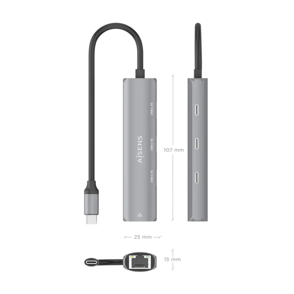 AISENS Dock USB-C A Ethernet Gigabit + Hub 3xUSB-C. Gris. 15cm - detalle