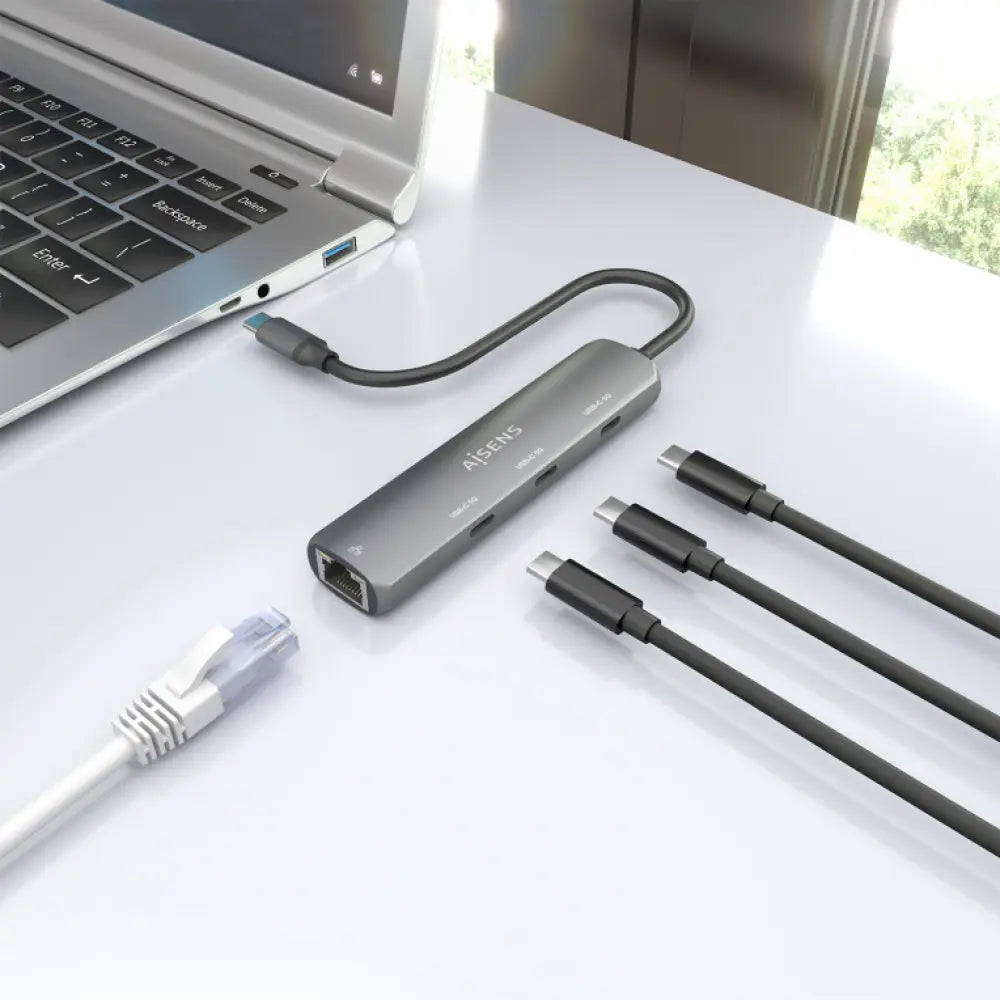 AISENS Dock USB-C A Ethernet Gigabit + Hub 3xUSB-C. Gris. 15cm - detalle