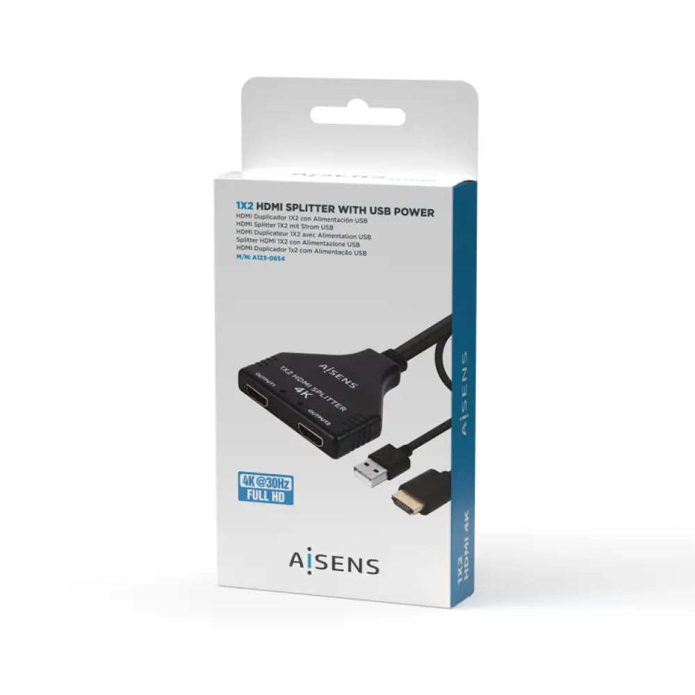 AISENS HDMI Duplicador 4K@30HZ 1×2 con Alimentación USB y Cable. Negro. 30 cm - detalle