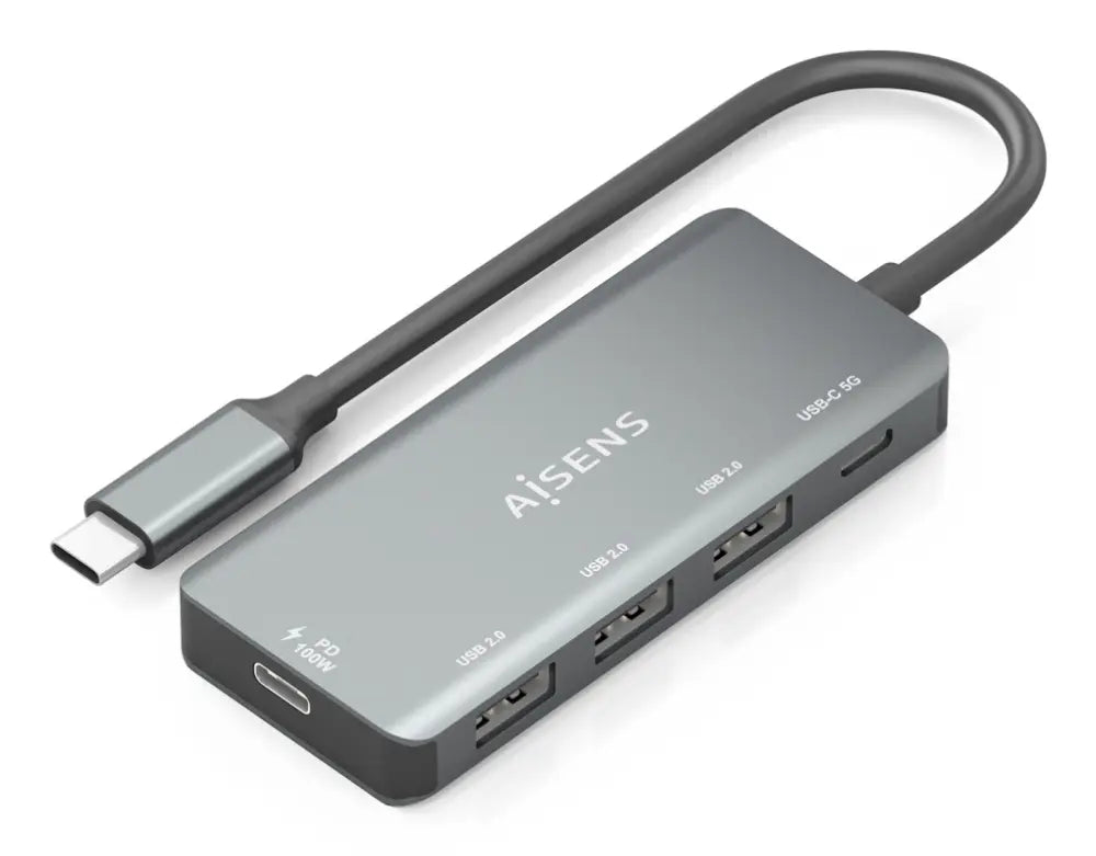 AISENS Hub USB 3.1 USB-C. USB-C/M-1xUSB-C PD 100W+1xUSB-C USB3.0/H+3xUSB-A USB2.0/H. Gris. 15cm - detalle