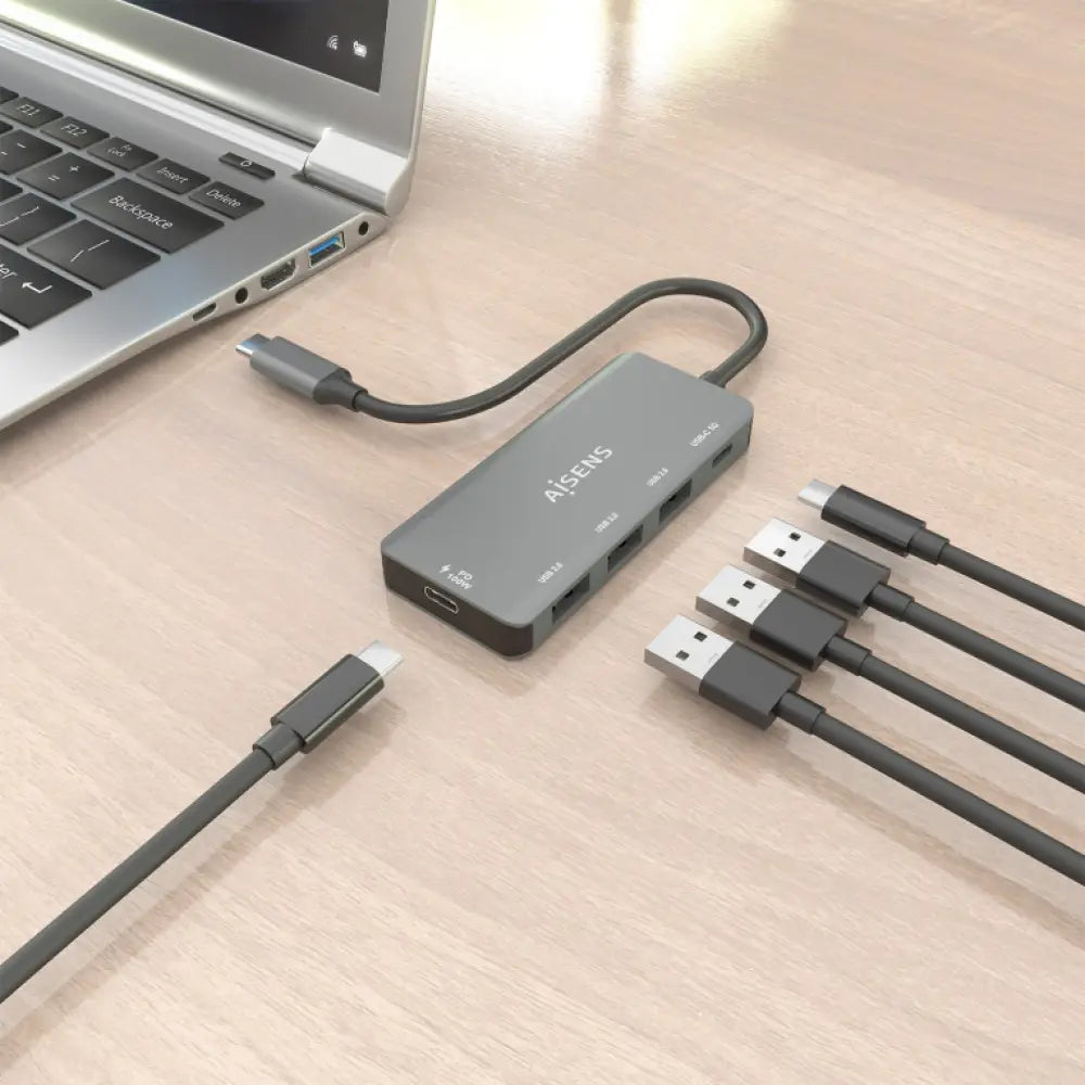 AISENS Hub USB 3.1 USB-C. USB-C/M-1xUSB-C PD 100W+1xUSB-C USB3.0/H+3xUSB-A USB2.0/H. Gris. 15cm - detalle
