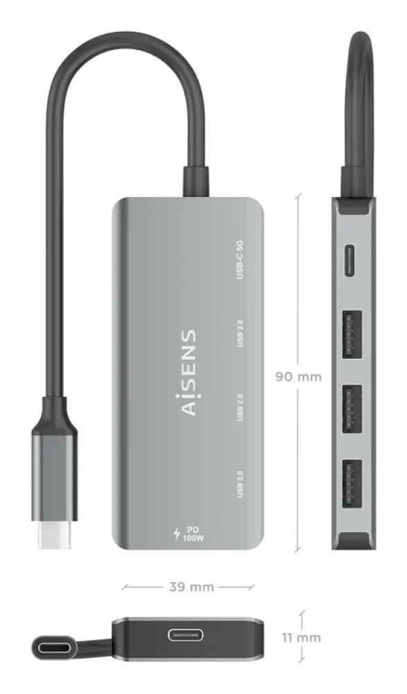 AISENS Hub USB 3.1 USB-C. USB-C/M-1xUSB-C PD 100W+1xUSB-C USB3.0/H+3xUSB-A USB2.0/H. Gris. 15cm - detalle