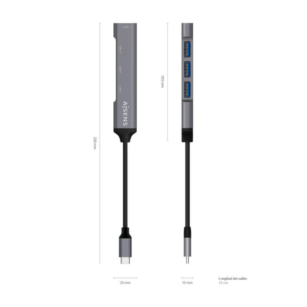 AISENS Hub USB 3.1 USB-C. Tipo C/M - 4x Tipo A/H. Gris. 10 cm - detalle