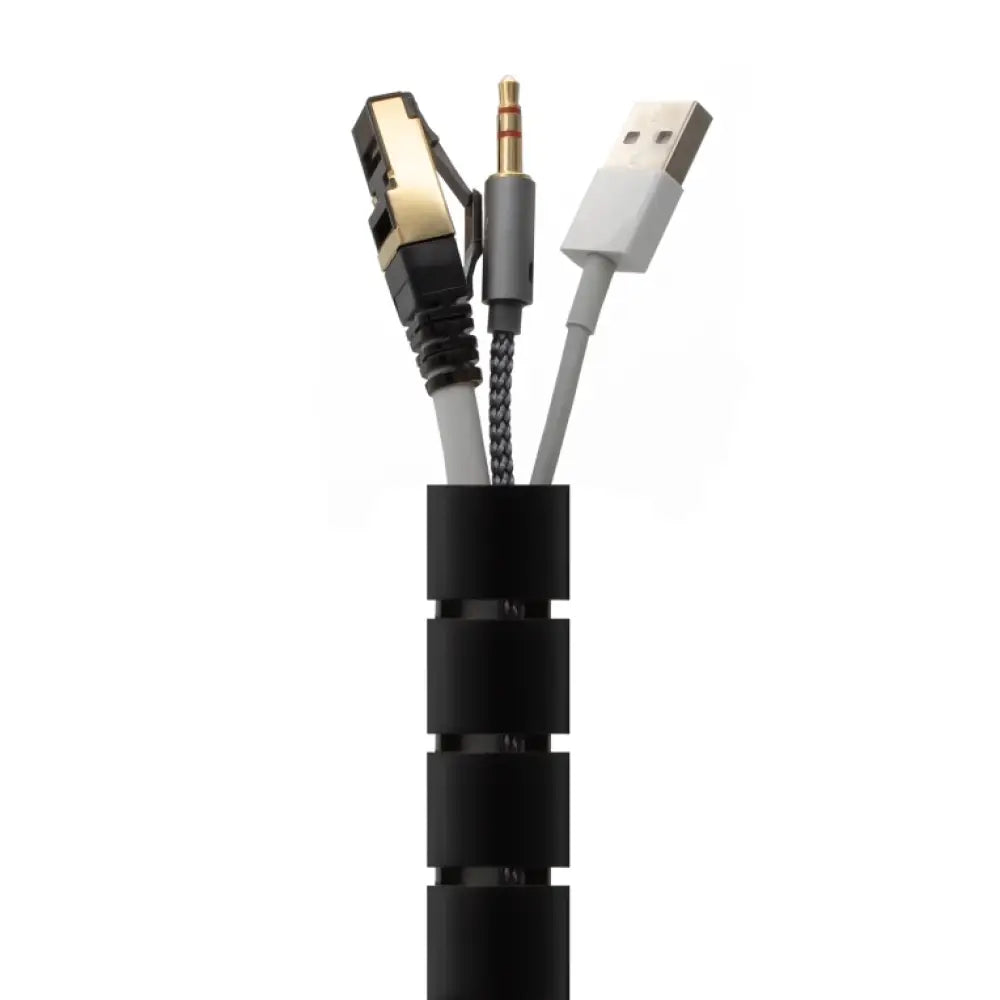 Pasacables AISENS en espiral negro de 25mm y 2.0 m de longitud, ideal para organizar cables de forma segura y ordenada.