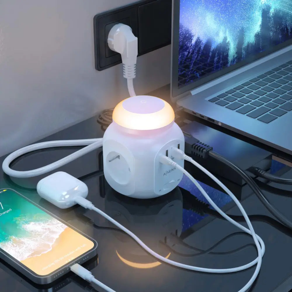 AISENS Regleta de Enchufes Sobremesa Multifuncion con 4 Tomas + 1XUSB-C. 3XUSB-A. Luz Nocturna. 1.8M. Blanco - detalle