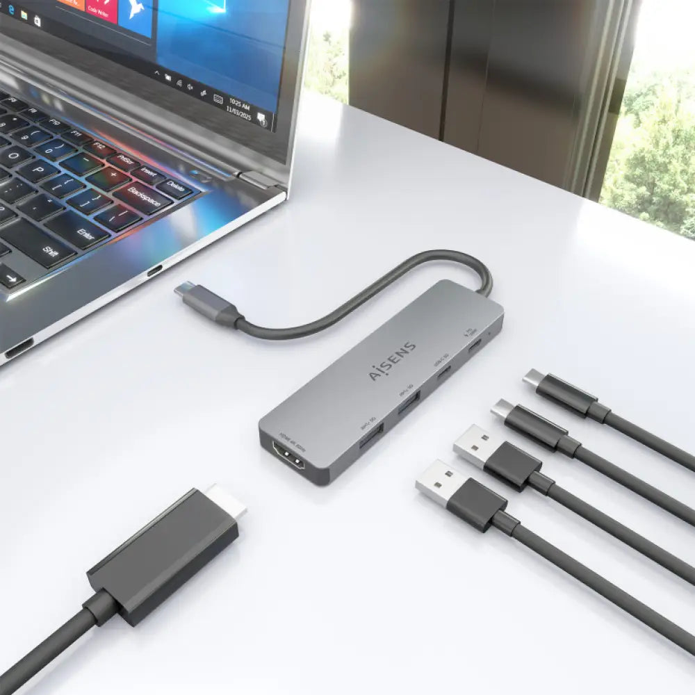 AISENS USB-C Dock 5 en 1. USB-C a 1xHDMI 2xUSB-A 1xUSB-C 1xUSB-C PD. Gris. 15cm - detalle
