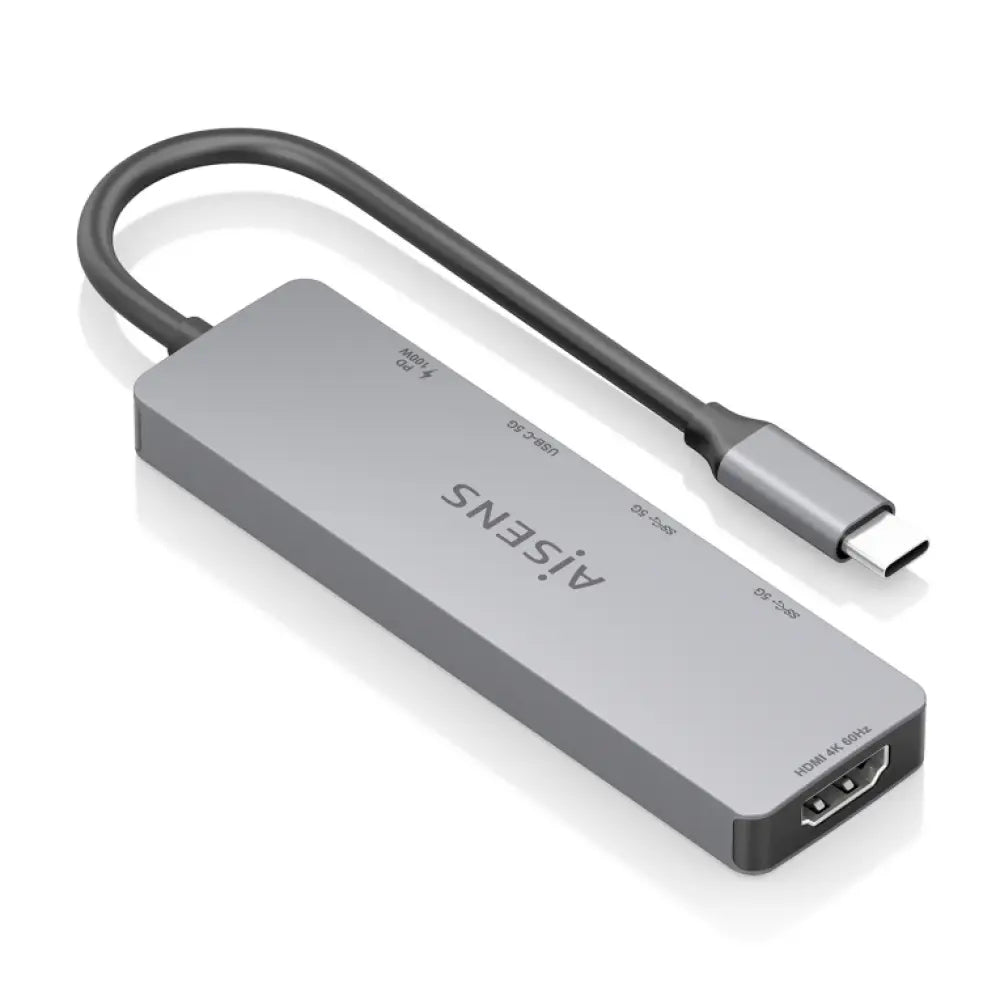 AISENS USB-C Dock 5 en 1. USB-C a 1xHDMI 2xUSB-A 1xUSB-C 1xUSB-C PD. Gris. 15cm - detalle