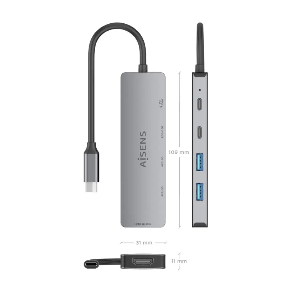 AISENS USB-C Dock 5 en 1. USB-C a 1xHDMI 2xUSB-A 1xUSB-C 1xUSB-C PD. Gris. 15cm - detalle