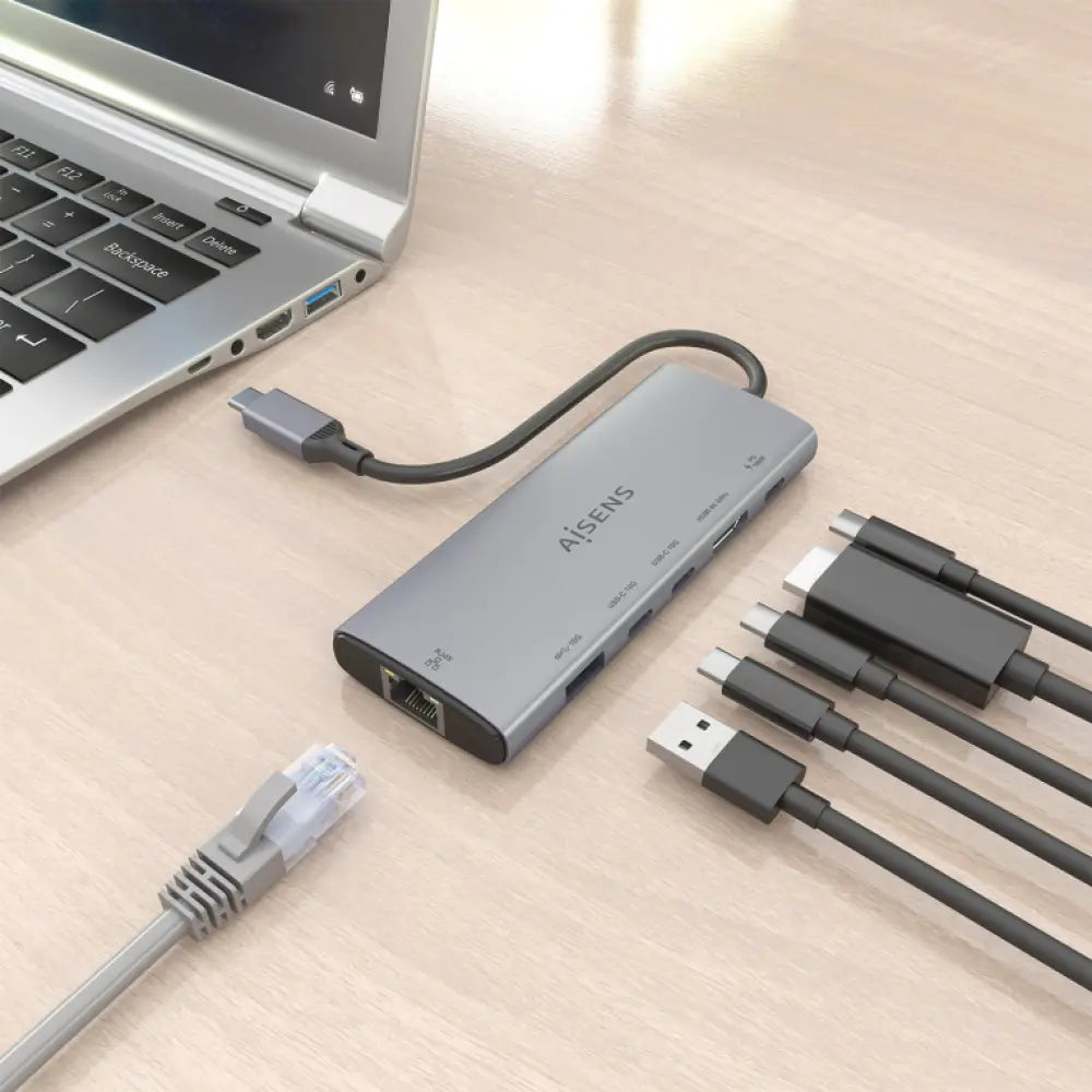 AISENS USB-C Dock 6 en 1. USB-C a 1xHDMI. 1xRJ45. 1xUSB-A 10G. 2xUSB-C 10G. 1xUSB-C PD. Gris. 20cm - detalle
