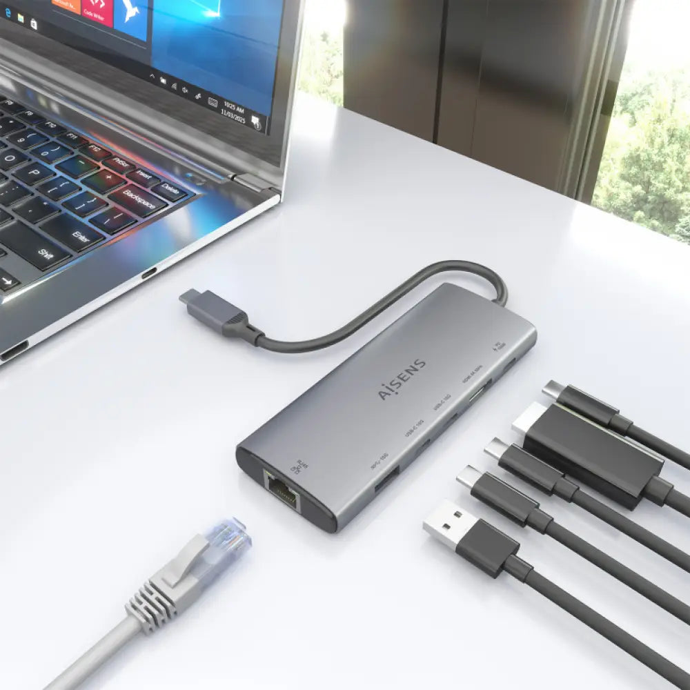 AISENS USB-C Dock 6 en 1. USB-C a 1xHDMI. 1xRJ45. 1xUSB-A 10G. 2xUSB-C 10G. 1xUSB-C PD. Gris. 20cm - detalle