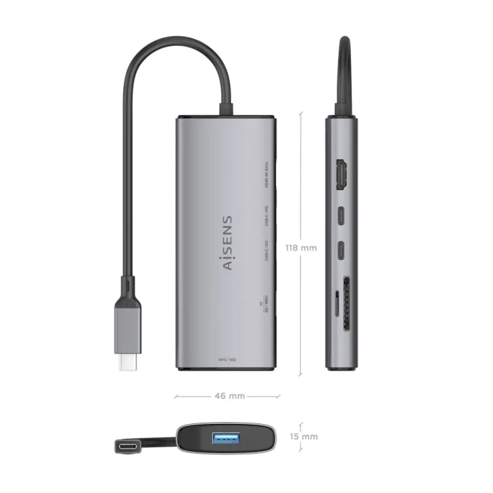 AISENS USB-C Dock 6 en 1. USB-C a 1xHDMI. 1xUSB-A 10G. 2xUSB-C 10G. 1xSD. 1xMicroSD. Gris. 20cm - detalle