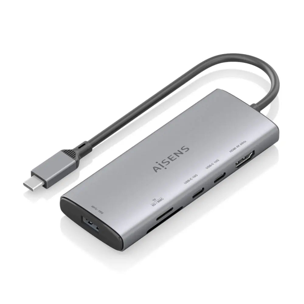 AISENS USB-C Dock 6 en 1. USB-C a 1xHDMI. 1xUSB-A 10G. 2xUSB-C 10G. 1xSD. 1xMicroSD. Gris. 20cm - detalle