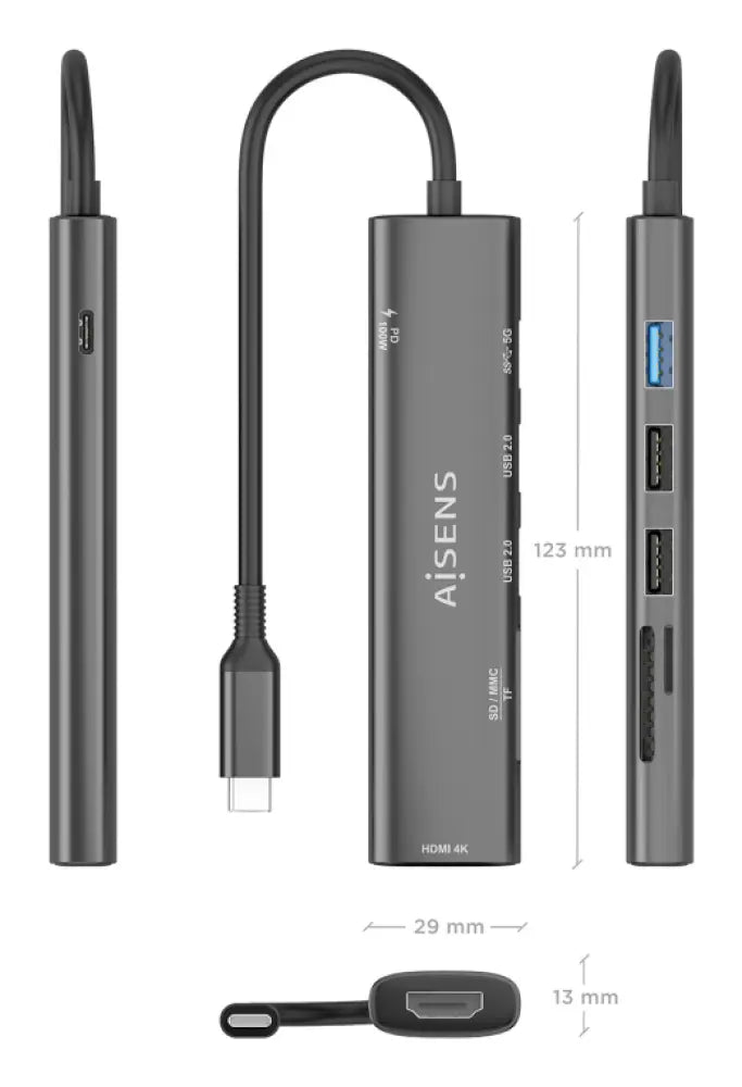 AISENS USB-C Dock 7 en 1. USB-C A. 1x HDMI. 2x USB-A USB2.0. 1x USB-A USB3.0. 1x USB-C PD 100W. 1x SD. 1x MicroSD. Gris. 15cm - detalle