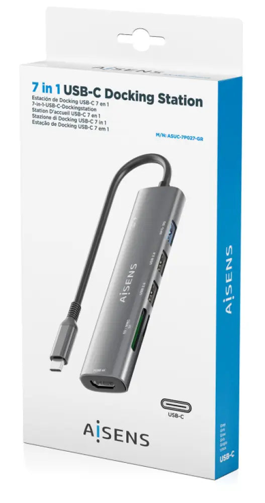 AISENS USB-C Dock 7 en 1. USB-C A. 1x HDMI. 2x USB-A USB2.0. 1x USB-A USB3.0. 1x USB-C PD 100W. 1x SD. 1x MicroSD. Gris. 15cm - detalle