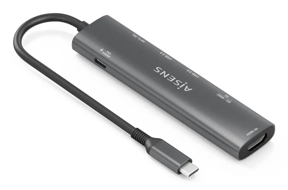 AISENS USB-C Dock 7 en 1. USB-C A. 1x HDMI. 2x USB-A USB2.0. 1x USB-A USB3.0. 1x USB-C PD 100W. 1x SD. 1x MicroSD. Gris. 15cm - detalle