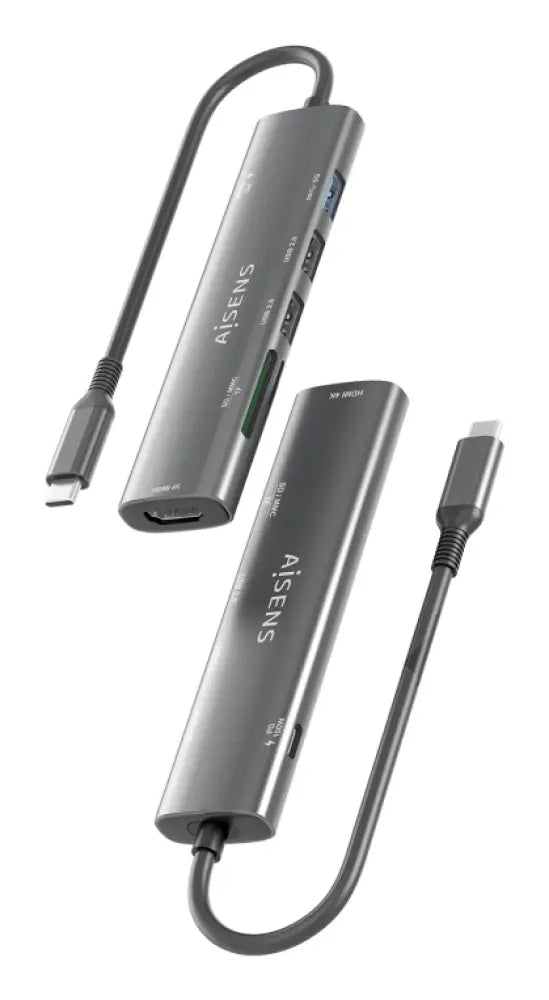 AISENS USB-C Dock 7 en 1. USB-C A. 1x HDMI. 2x USB-A USB2.0. 1x USB-A USB3.0. 1x USB-C PD 100W. 1x SD. 1x MicroSD. Gris. 15cm - detalle