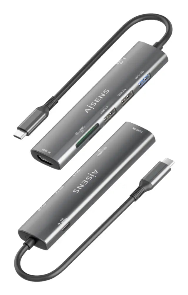 AISENS USB-C Dock 7 en 1. USB-C A. 1x HDMI. 2x USB-A USB2.0. 1x USB-A USB3.0. 1x USB-C PD 100W. 1x SD. 1x MicroSD. Gris. 15cm - detalle