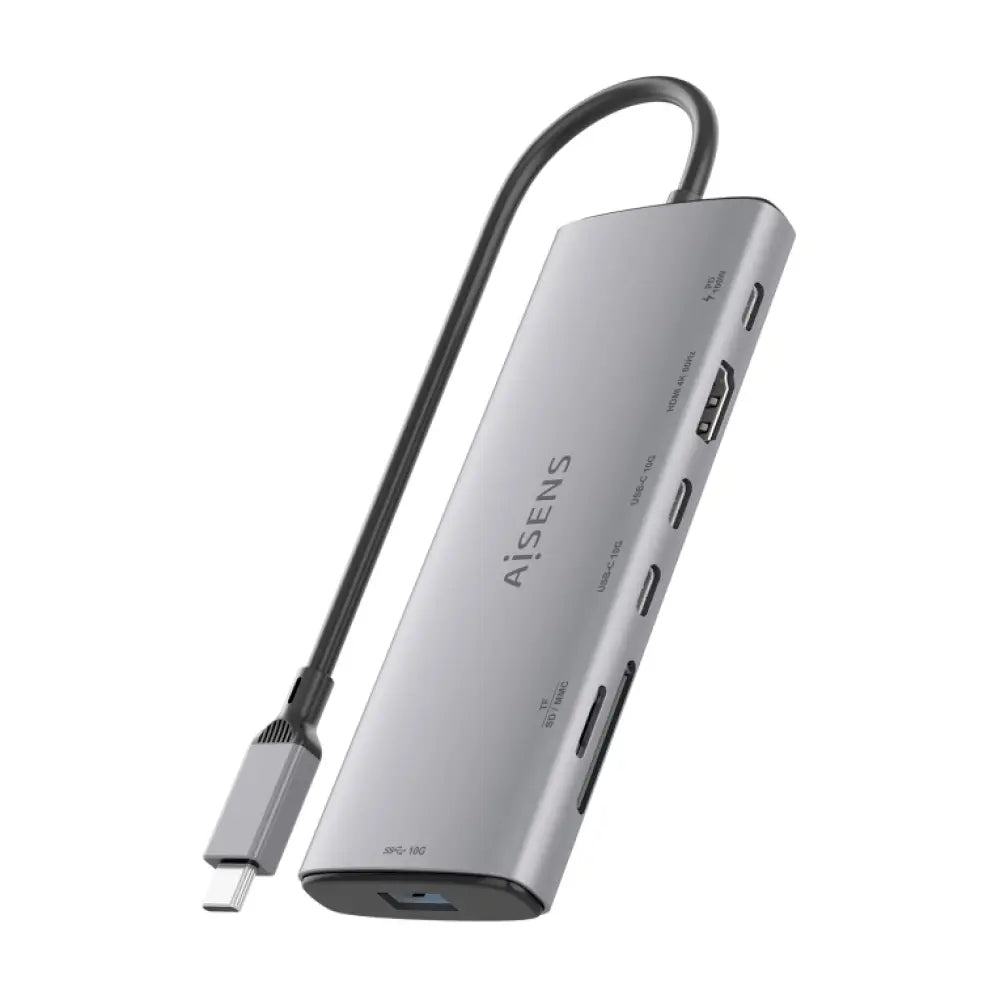 AISENS USB-C Dock 7 en 1. USB-C a 1xHDMI. 1xUSB-A 10G. 2xUSB-C 10G. 1xSD. 1xMicroSD. 1xUSB-C PD 100W. Gris. 20cm - detalle